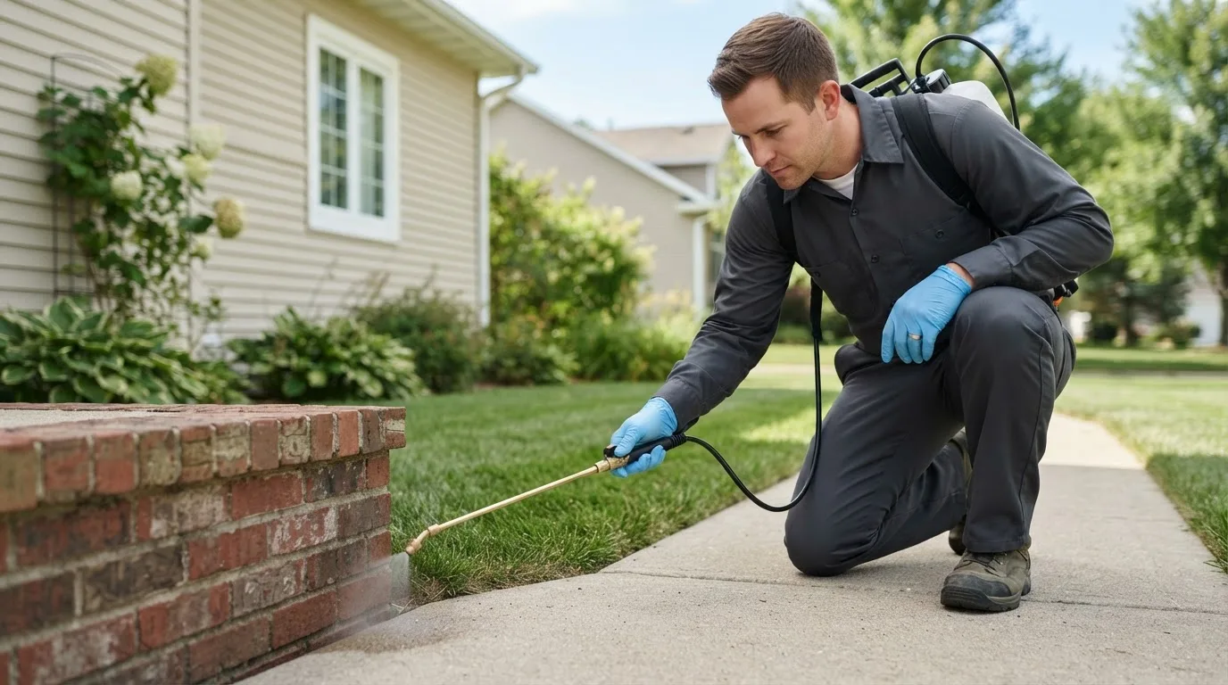 Pest control technician treating a home near Georgetown, MD